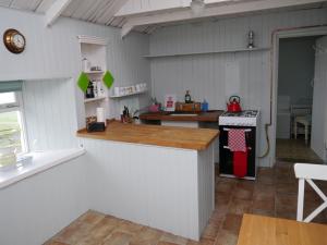 a kitchen with a counter and a stove top oven at The Drovers Cabin in Kirkcudbright