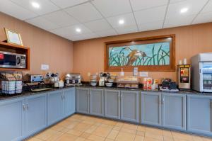 a kitchen with blue cabinets and a counter top at Best Western North Roanoke in Troutville