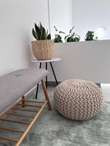 a living room with a chair and a plant at Apartments Ana & Ita in Novalja