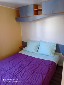 łóżko z fioletową pościelą i niebieskimi poduszkami w pokoju w obiekcie mobil-home du lac de Foix w mieście Foix