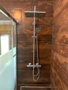 a shower in a bathroom with a wooden wall at Casa Dono Sanabria in Cobreros