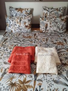 Una cama con dos almohadas encima. en Chambre d'hôtes dans Villa Diane, en La Londe-les-Maures