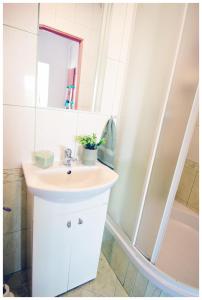 a bathroom with a sink and a shower at Color24 Apartament VI in Stalowa Wola