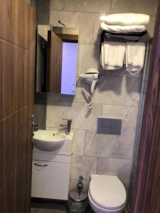 ein Badezimmer mit einem Waschbecken, einem WC und einem Spiegel in der Unterkunft Erikli suit home in Erikli