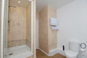 uma casa de banho com um chuveiro e um WC. em Charmant Studio à 10 min de la gare em Saint-Quentin