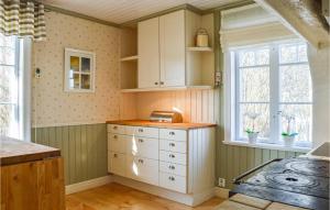 eine Küche mit weißen Schränken und einem Fenster in der Unterkunft Nice Home In Bergshamra With Wifi in Bergshamra