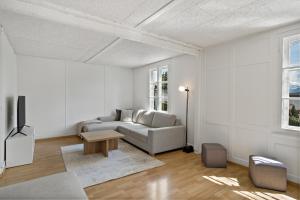 ein Wohnzimmer mit einem Sofa und einem Tisch in der Unterkunft Erlen Rooms in Luzern