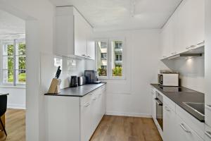 a white kitchen with white cabinets and appliances at Erlen Rooms in Lucerne