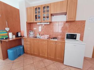 a kitchen with wooden cabinets and a sink and a microwave at Studio Apartmani Zorić in Šilo