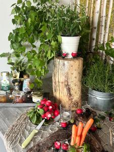 a table with carrots and other vegetables and plants at La Maison Bett & Bike in Pritzwalk