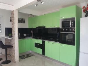 une cuisine avec des armoires vertes et des appareils noirs dans l'établissement BELLA, à Gros-Morne