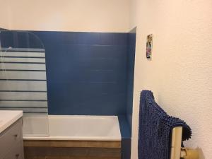 La salle de bains est pourvue d'une douche avec un mur bleu. dans l'établissement Grand appartement au pied des pistes !, à Chamrousse