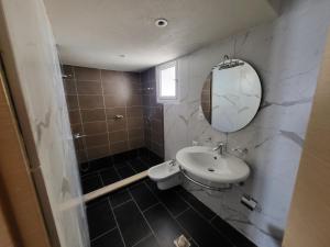 La salle de bains est pourvue d'un lavabo, de toilettes et d'un miroir. dans l'établissement Villa Sotiri, à Saranda