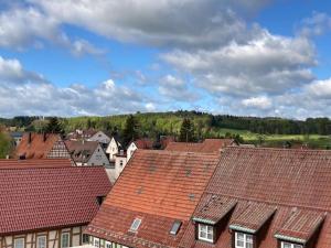 vistas a los tejados de las casas de una ciudad en Ferienwohnung Grete, en Münsingen