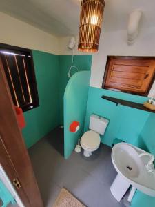 a green bathroom with a toilet and a sink at The Spot - Beachfront Sports Pousada in Icaraí