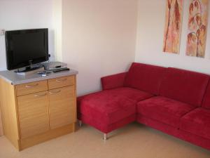 ein Wohnzimmer mit einem roten Sofa und einem Flachbild-TV in der Unterkunft Polzhof in Sankt Andrä im Lungau