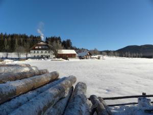 un campo cubierto de nieve con una casa en el fondo en Polzhof, en Sankt Andrä im Lungau