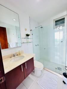uma casa de banho com um chuveiro, um lavatório e um WC. em Espectacular apto en Cartagena con salida directa a la playa em Cartagena das Índias