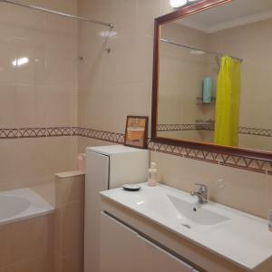 een badkamer met een wastafel, een spiegel en een koelkast bij CASA DOS 2 PÁTIOS by Stay in Alentejo in Vila Nova de Milfontes