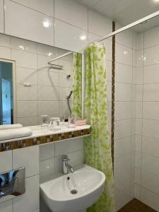 baño con lavabo y cortina de ducha en Green Villa, en Pärnu