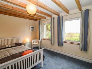 a bedroom with a bed and two windows at Whispering Pines in Bantry