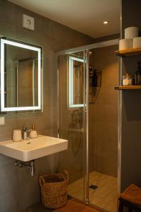 een badkamer met een wastafel en een douche bij Apartment in Kesterciems in Ķesterciems