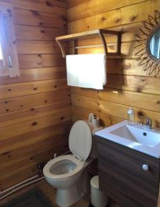 La salle de bains est pourvue de toilettes et d'un lavabo. dans l'établissement Quinta campò chalet, à Alcantarilha