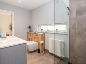a bathroom with a toilet and a sink and a shower at Polly's Annexe in Ipswich +24 photos