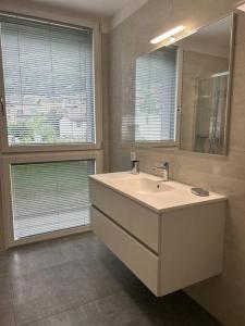 baño con lavabo y espejo y 2 ventanas en LabPark design apartment en Melano