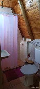 baño con cortina de ducha rosa y aseo en Alpes San Rafael en San Rafael