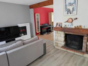 a living room with a couch and a fireplace at Chez l'habitant pour naturistes uniquement, nudist only in Ville-sur-Yron