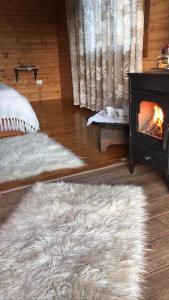 a living room with a fireplace and a white rug at Gioia Resort in Voskopojë