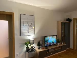 a living room with a tv on a wall at Apartmán NatEmi u sjezdovky Filipovice in Bělá pod Pradědem