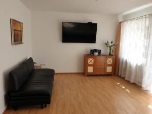 een woonkamer met een bank en een televisie aan de muur bij Ferienwohnung Nella in Amberg