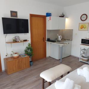 a living room with a kitchen with a tv on the wall at Jasmina in Senj