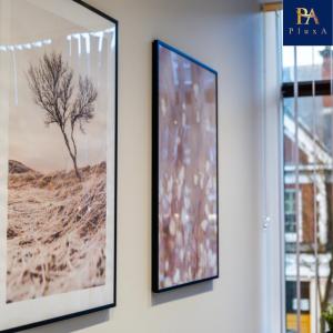 two pictures hanging on a wall next to a window at Pluxa Larimar - Spacious Apt with Private Entrance, Workspace & Wi-Fi in Harrow