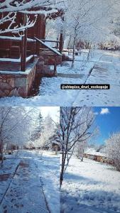 dos fotos de un parque cubierto de nieve con un árbol en Gioia Resort, en Voskopojë