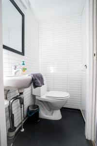 a white bathroom with a toilet and a sink at Käytännöllinen huoneisto Pietarsaaressa in Pietarsaari