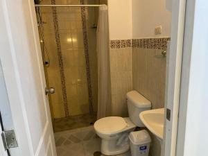 een badkamer met een toilet, een douche en een wastafel bij Hogarcito in Cuzco