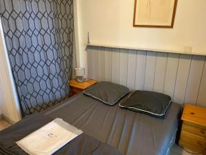 Zimmer mit einem Bett mit zwei Kissen darauf in der Unterkunft Appartement T2 à 900m du Bassin d Arcachon in Arès