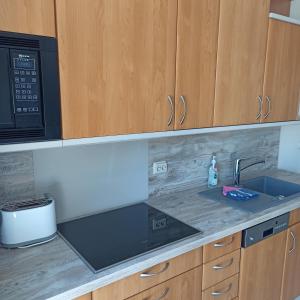 een keuken met een wastafel en een magnetron bij Appartment Relaxtage in Zingst