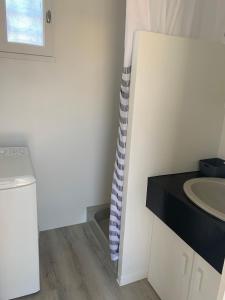 a bathroom with a sink and a shower curtain at villa Hortense in Saint-Martin-de-Ré