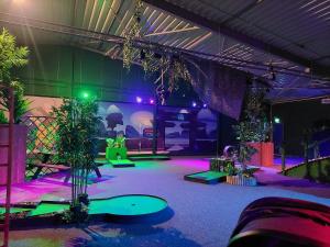 a room with a skateboard in it with purple lights at Chalet Uppsala, Plus Sauna in Gramsbergen +17 photos