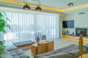 - un salon avec un canapé et une grande fenêtre dans l'établissement Vita Brevis - Premium Villa 15km From The Beach, à Vederoi
