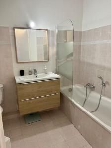 La salle de bains est pourvue d'un lavabo, d'un miroir et d'une douche. dans l'établissement Appartement 2 pièces de 29 m2, à Cannes