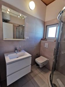 een badkamer met een wastafel, een toilet en een spiegel bij Apartmani Vana 1 in Tribunj