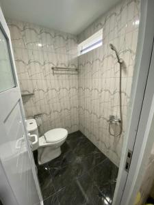 a bathroom with a toilet and a shower at Hotel Berlian in Pontianak