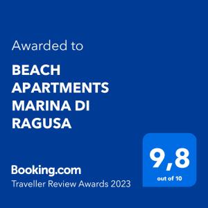Πιστοποιητικό, βραβείο, πινακίδα ή έγγραφο που προβάλλεται στο BEACH APARTMENTS MARINA DI RAGUSA