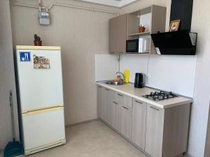 Elle comprend une petite cuisine équipée d'un réfrigérateur et d'un évier. dans l'établissement Одесса ЖК 7 Небо/Аквапарк/7км, à Odessa