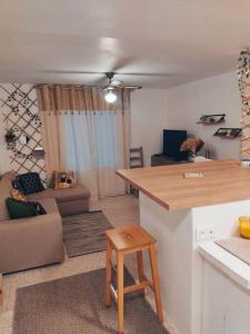 cocina y sala de estar con encimera en Maison de village type 2 en Sainte-Croix-du-Verdon